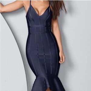 Venus Navy Bandage Bodycon Dress with Ruffle Hem - Size M